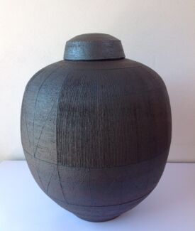 Small lidded urn, fine parallel scoring.45cm/18”high.