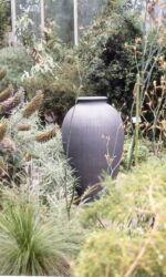 Large urn with vertical scoring. Height 158cm/62”.
Royal Botanic Gardens Edinburgh 1991. Exhibition curated by the Oxford Gallery.