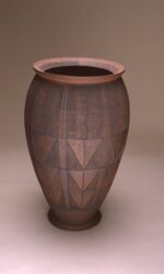 Tall oval urn with scored design of interlocking triangles. Rust/black. Height 66cm/26”